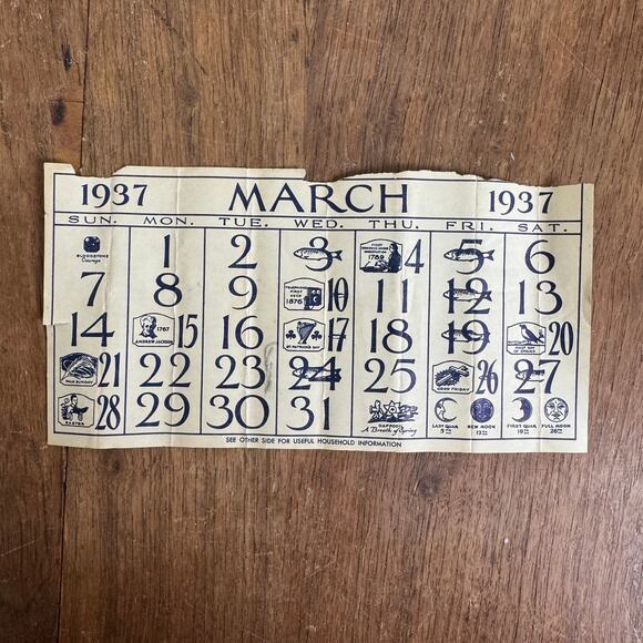 March 1937 original Calendar with holidays & household tips tricks Bread recipes - Picture 1 of 7